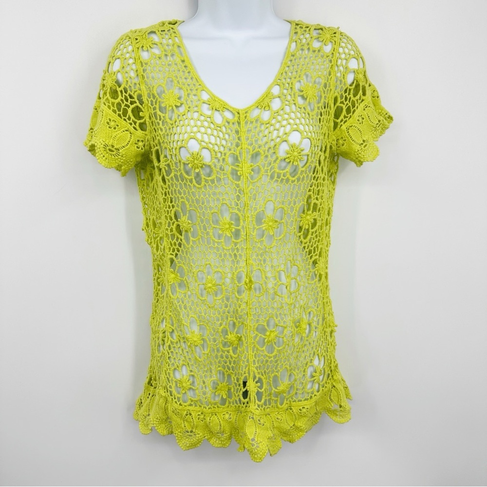 Vintage Y2K Cato Green Crochet Floral Shirt Size Small Whimsical Fairycore